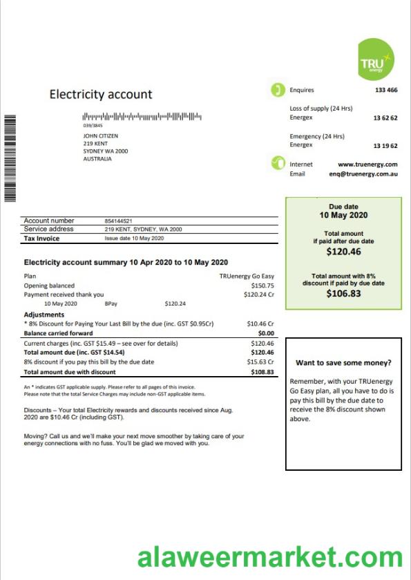 Australia Tru Energy electricity utility bill template in Word and PDF format